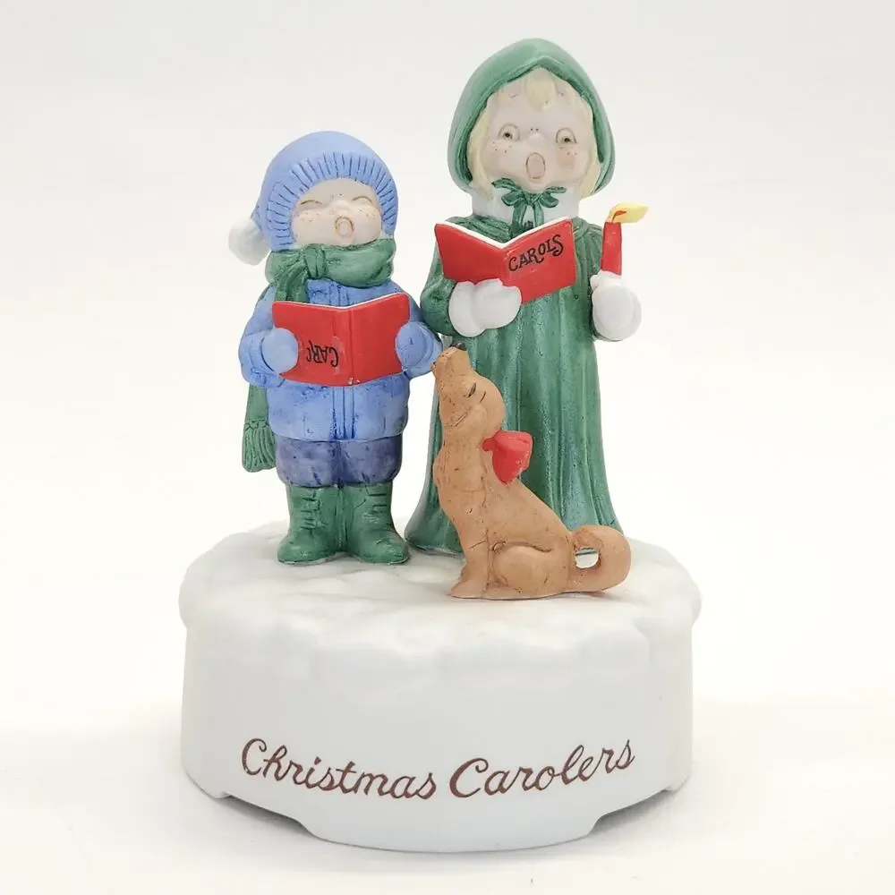 Vtg Christmas Carolers Dog Music Box Deck the Halls Signed Jane McDowell WORKS